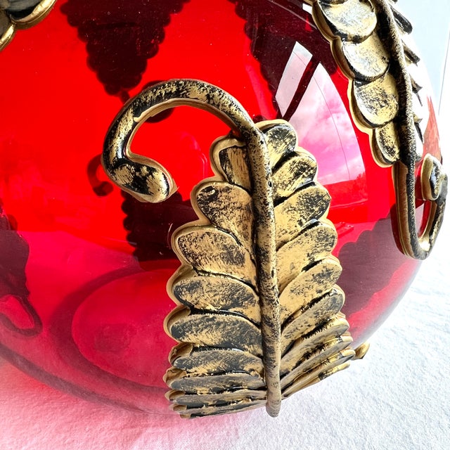 1970s Fifth Ave Crystal Ltd. Red Tealight Candle Potpourri Bowl Vase With Gold Leaves For Sale - Image 11 of 12