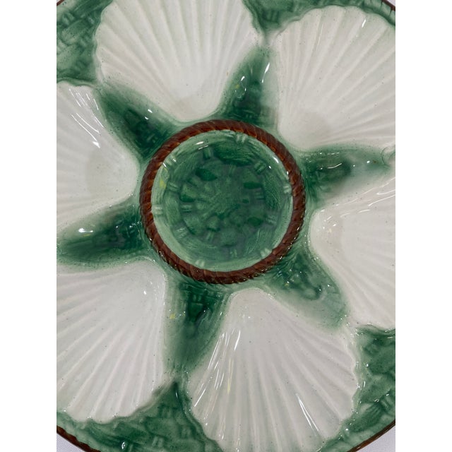 1920s Antique French Longchamp Majolica Green and White Oyster Plate For Sale - Image 6 of 13