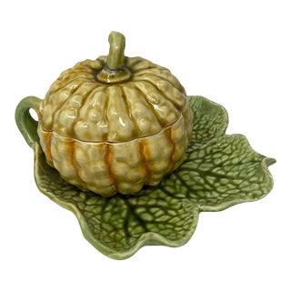 1960s Sarreguemines French Majolica Pumpkin Tureen For Sale