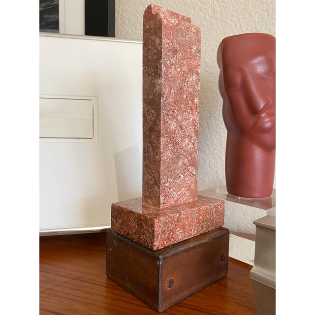 Minimalist Pink Marble Modern Sculpture on Primitive Style Rusty Display Stand For Sale In Dallas - Image 6 of 13