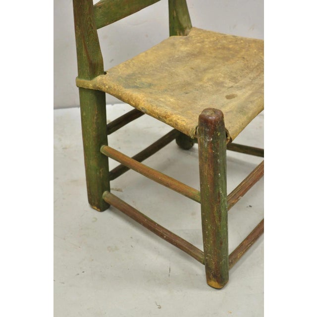 Antique Small Ladder Back Green Primitive Rustic Childs Chair W/ Deer Hide Seat For Sale In Philadelphia - Image 6 of 12