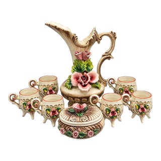 Vintage Italian Capodimonte Porcelain Rose Pitcher Cups & Lidded Bowl - Set of 8 For Sale
