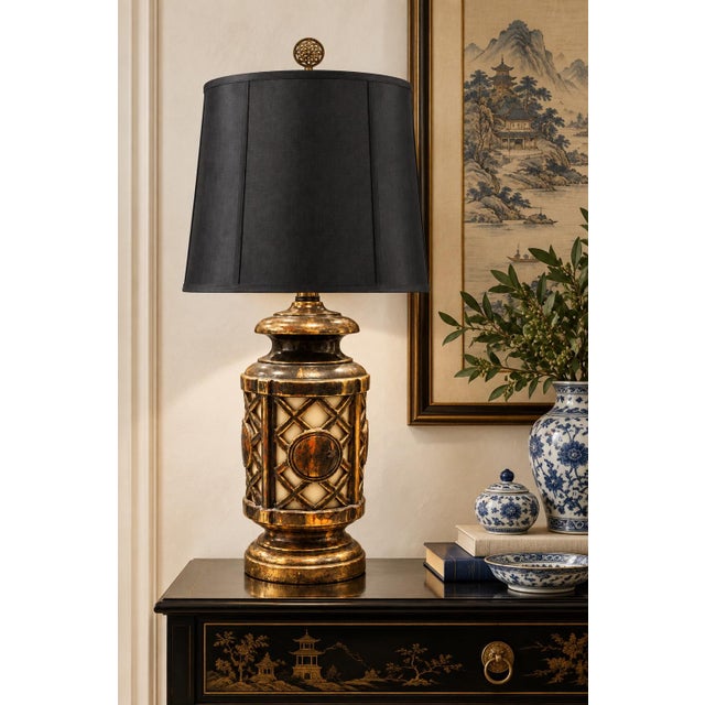Mid 20th Century Chinoiserie Lighted Ceramic Table Lamp With Black Shantung Shade For Sale - Image 4 of 11