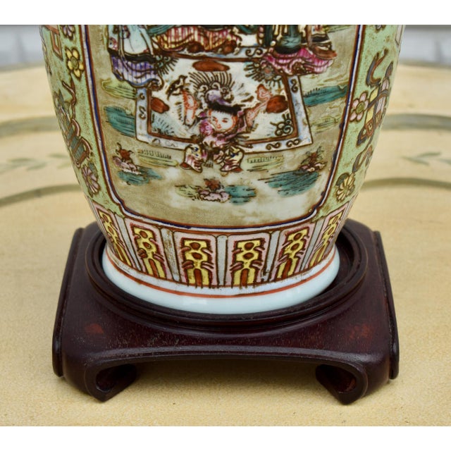 Wood Vtg. Figural Raised Painted Chinese Vase W/Rosewood Stand For Sale - Image 7 of 15