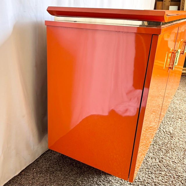 Tangerine 1980s Postmodern Chinoiserie Orange Lacquer Laminate Credenza For Sale - Image 8 of 9