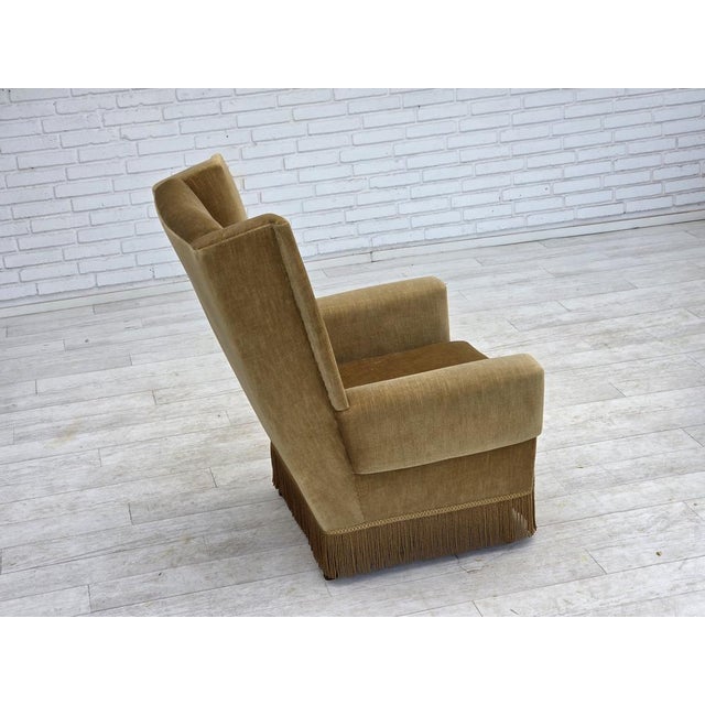 Wood Vintage Danish Highback Chair in Yellow Furniture Velour, 1970s For Sale - Image 7 of 18