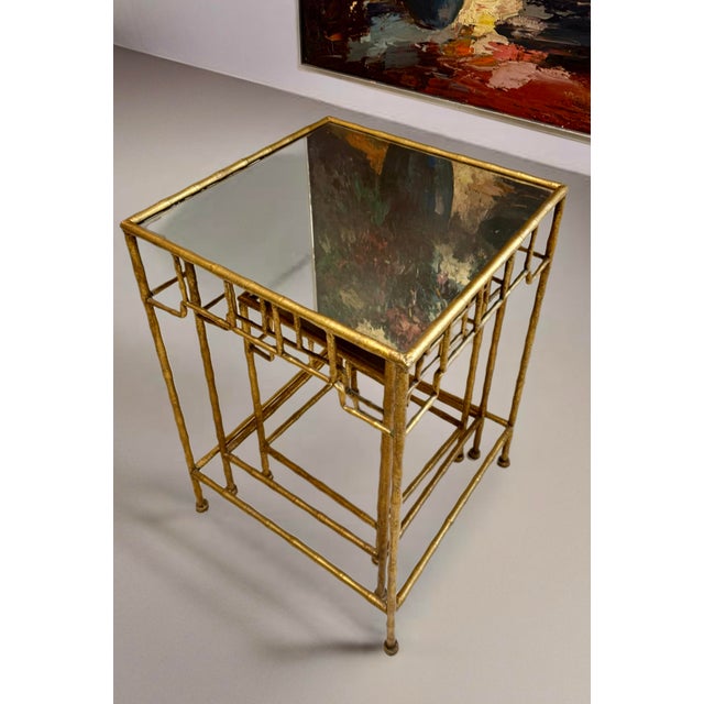 Gilt Metal Fretwork Nesting Tables With Eglomisé Glass Tops, Set of Three For Sale - Image 4 of 11