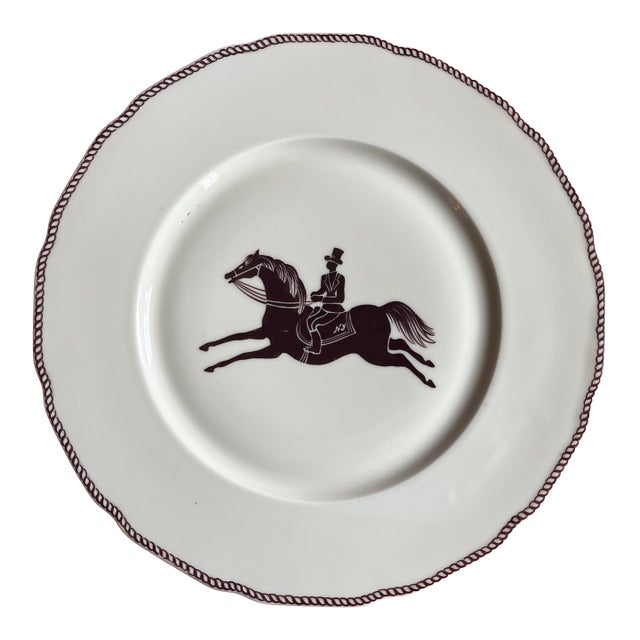 Large French Paris Porcelain Art Deco Charger Plate With Equestrian Silhouette of Horse & Rider Manner of Gio Ponti Signed Primavera For Sale