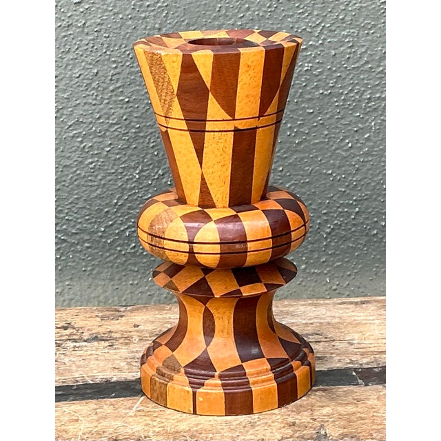 Vintage Geometric Wood Marquetry Vase For Sale In West Palm - Image 6 of 12