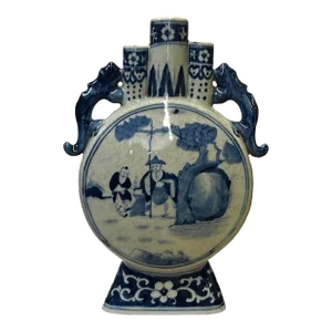 Chinese Blue White Porcelain Moon Round Flat People Theme Vase