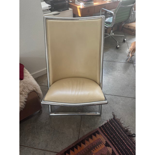 Ward Bennett Pair of Original Ward Bennett Scissor Chairs – Almond Leather & Chrome For Sale - Image 4 of 7