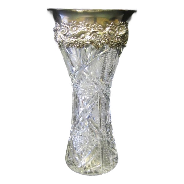 1920s American Brilliant Cut Crystal & Sterling Vase For Sale