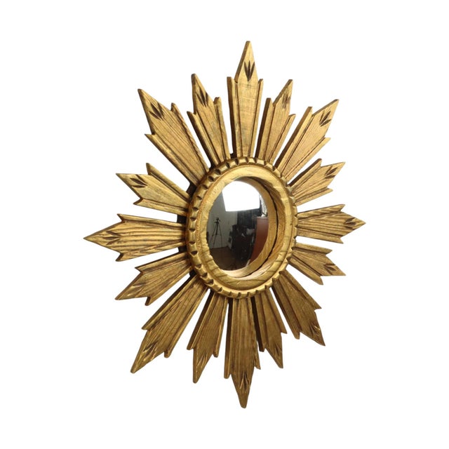 Vintage Wooden Sunburst Sun Mirror in Convex, France, 1950s For Sale - Image 9 of 17