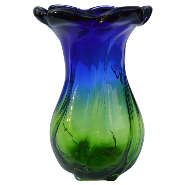 Mid 20th Century Mid-Century Handmade Blue & Green Glass Vase For Sale - Image 5 of 11