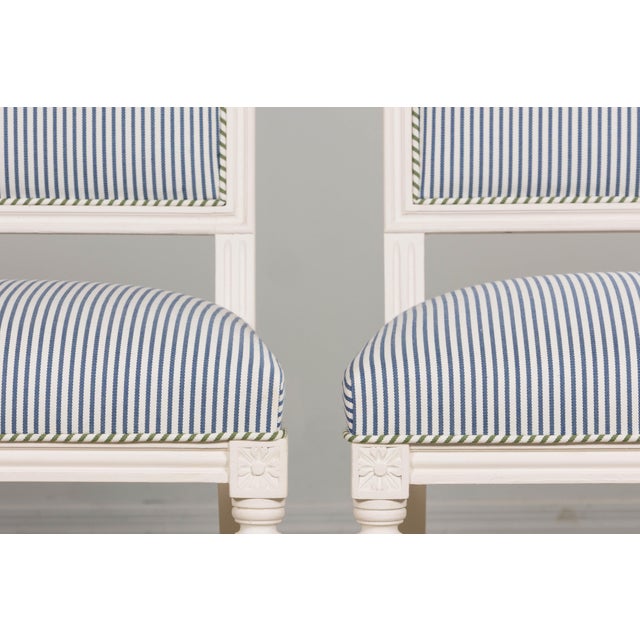 Wood French Louis XVI Style Painted Dining Chairs in Blue & Green Stripe, Set of 6 For Sale - Image 7 of 18