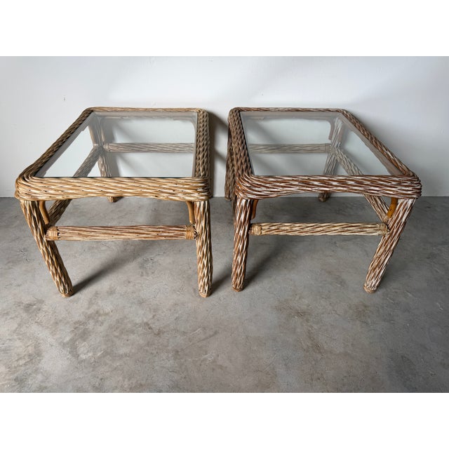 1970's Vintage Coastal Organic Whitewashed Rattan & Glass Top End Tables – A Pair For Sale In Miami - Image 6 of 15