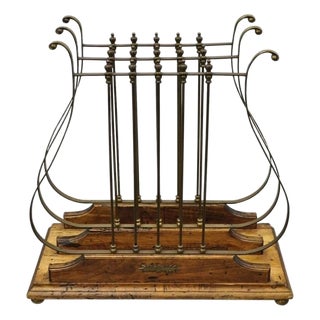 Vintage Italian Neoclassical Style Brass Lyre Harp Wooden Magazine Rack Stand For Sale