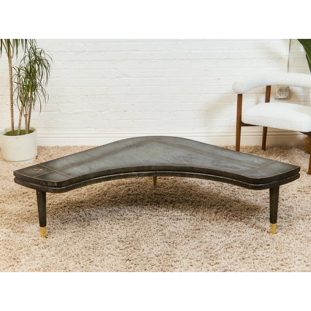 Metal Mid 20th Century Curved Black Cerrused Distressed Coffee Table With Brass Accents For Sale - Image 7 of 12