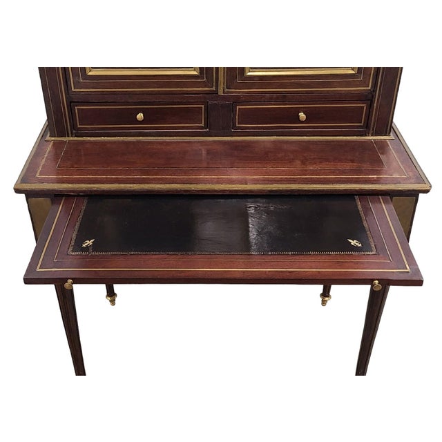 Antique mahogany brass inlaid English Regency writing desk - restored. Upper section with brass gallery top with glass...