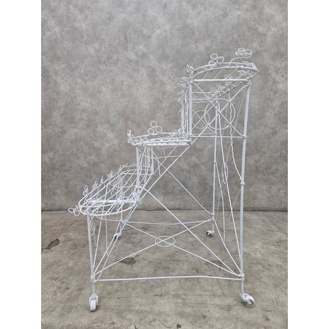 Vintage White Wire 3-Tier Rolling Plant Stand on Casters For Sale In Chicago - Image 6 of 10