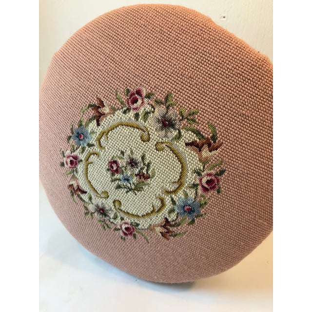 Vintage French Provincial Pink Needlepoint Footstool For Sale - Image 9 of 11