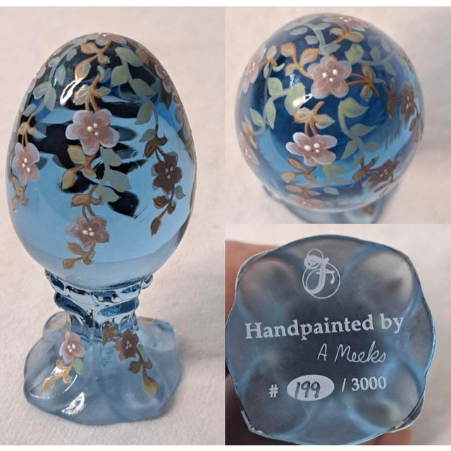 Purple Pair of Vintage Fenton Hand‑Painted Pedestal Eggs – Signed & Numbered Limited Editions For Sale - Image 8 of 12