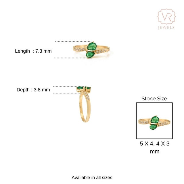 Green Pear Cut Natural Emerald and Diamond Bypass Ring Size 5.5 in 14k Yellow Gold For Sale - Image 8 of 13
