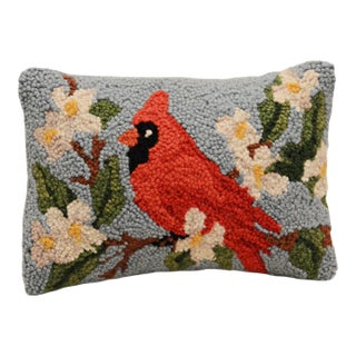 Vintage Hand-Hooked Cardinal & Dogwood Accent Pillow For Sale