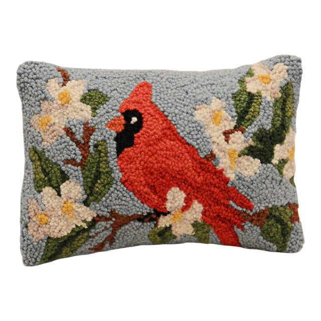 Vintage Hand-Hooked Cardinal & Dogwood Accent Pillow For Sale
