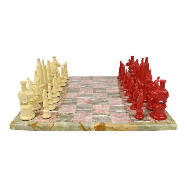 Mid 20th Century Medieval Kingsway Chess Set With Marble Stone Board- 33 Pieces For Sale