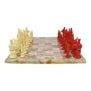 Mid 20th Century Medieval Kingsway Chess Set With Marble Stone Board- 33 Pieces