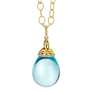 Syna Yellow Gold Blue Topaz Drop Pendant with Diamonds For Sale