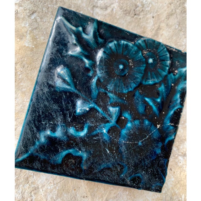Early 20th Century 'Arts and Crafts' Style Botanical Dark Blue Monochromatic Relief Ceramic Glazed Tile For Sale - Image 9 of 13