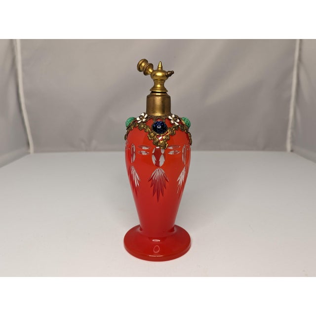 Czech Austria Red Cut to Clear Jeweled Atomizer for your consideration. The atomizer measures approx. 6 7/8 inches tall...