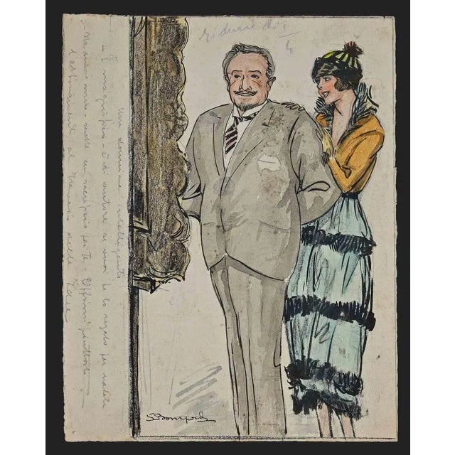 Family Relations is an original watercolored ink drawing on ivory-colored paper, in the 1920s realized by Luigi Bompard...