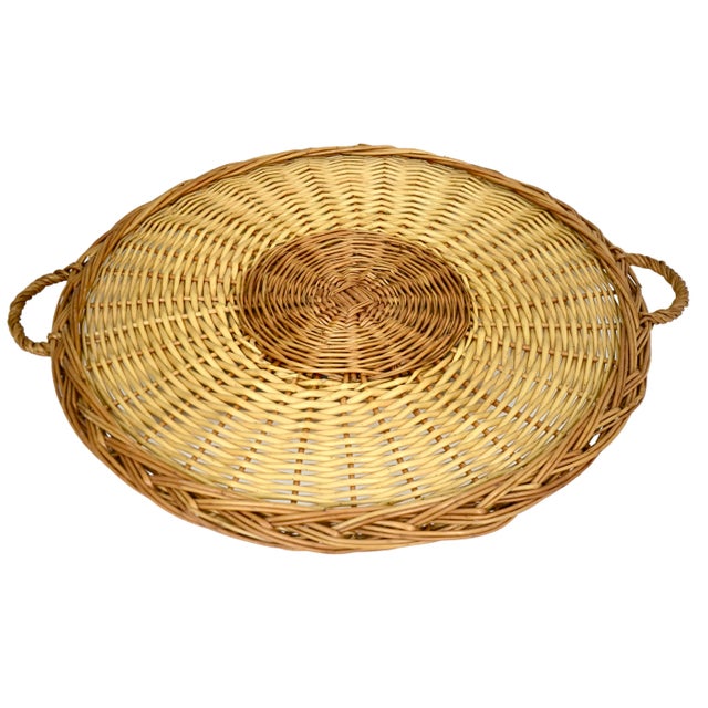 Large 20 inch round vintage flat hand woven rattan wicker serving tray or wall decor with thick braided rim and handles....