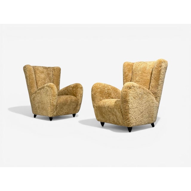 Paolo Buffa Attribution, Beige Shearling, Ebonized Wood, Lounge Chairs, Italy, 1950s Pair of large organic form lounge...