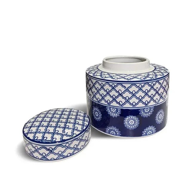 Asian Navy & White Floral Print Jars- Set of 3 For Sale - Image 10 of 12