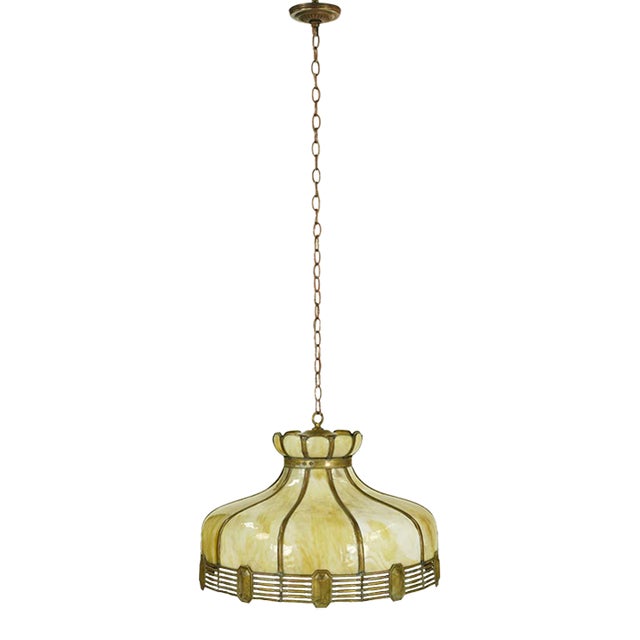 Vintage Tan Slag Stained Glass Pendant Light With Brass Accents For Sale