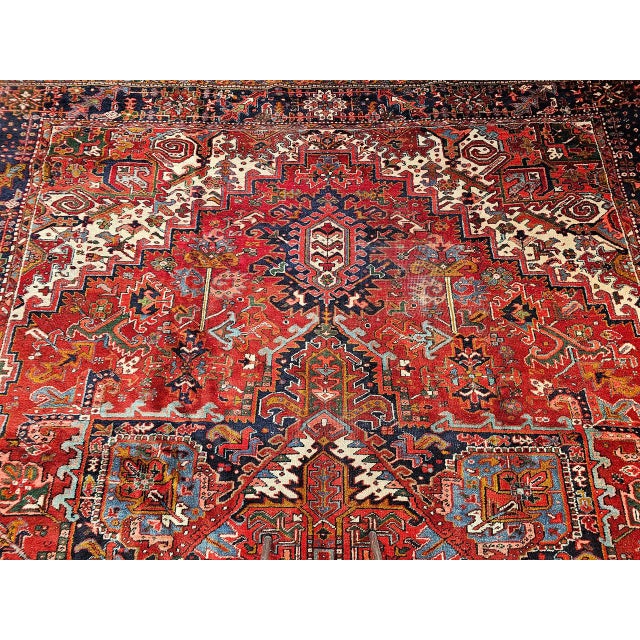 Persian Vintage Oversized Persian Heriz Rug, Hand-Knotted Wool, Geometric Pattern, Red & Navy, 12x16 For Sale - Image 3 of 10