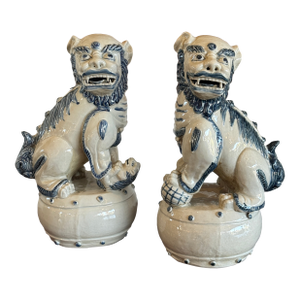 Vintage Glazed Pair of Ceramic Japanese Foo Dogs