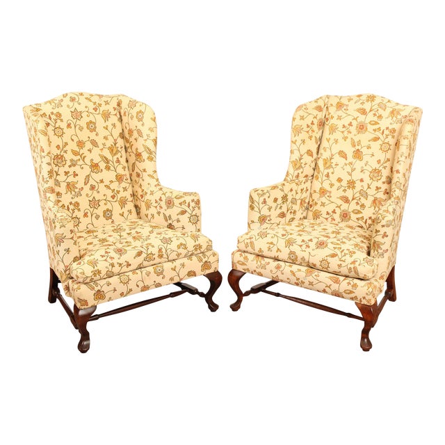 Queen Anne Style Vintage Pair of Mahogany Wing Chairs | Chairish
