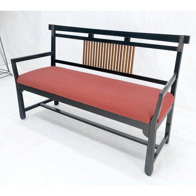 Vintage Black Lacquer Red Upholstery Bench w/ Arms Slotted Back MINT For Sale - Image 9 of 11