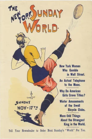 Vintage New York Sunday World Poster, Woman Kicking Football, 1895