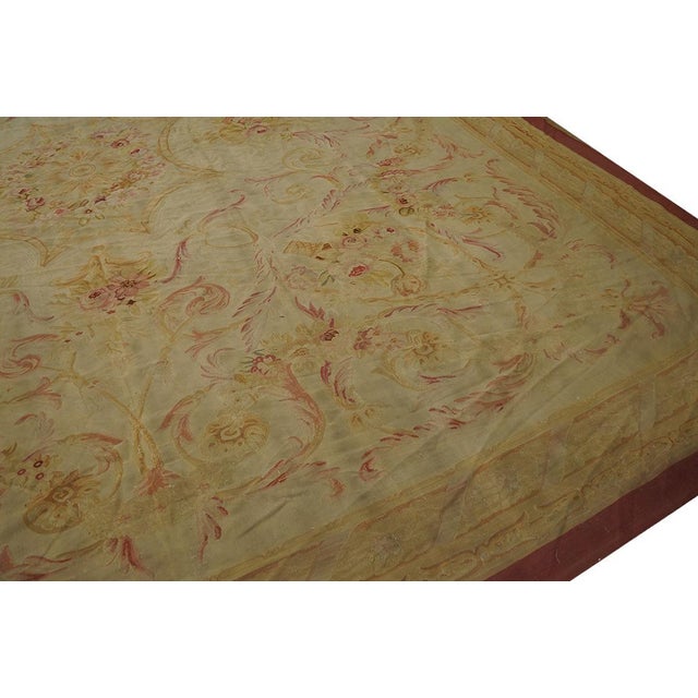 French 1870s Beige Floral Medallion Antique French Aubusson Rug 13'6" X 14'9" Flatweave Wool Carpet For Sale - Image 3 of 8