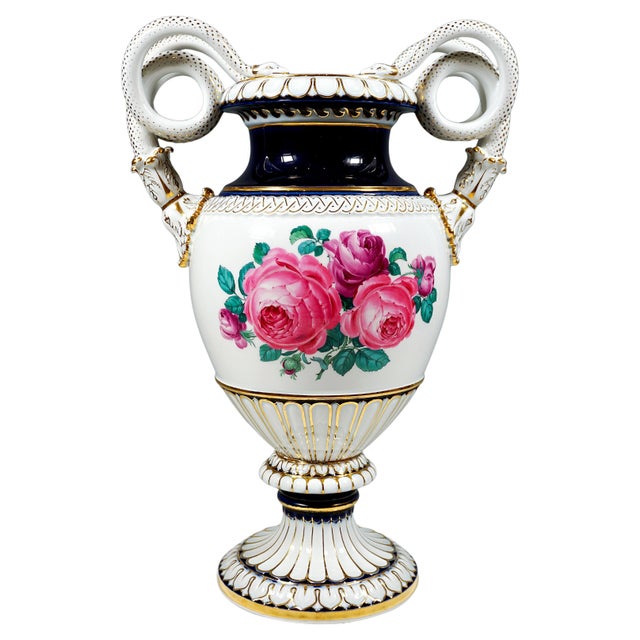 Meissen Snake Handle Vase with Flower Boquet Painting attributed to Leuteritz, 1880s For Sale - Image 11 of 11