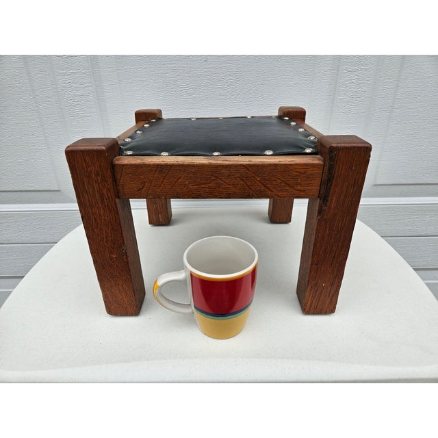 Square Mission Arts and Crafts Black Leather and Oak Footstool For Sale - Image 16 of 17