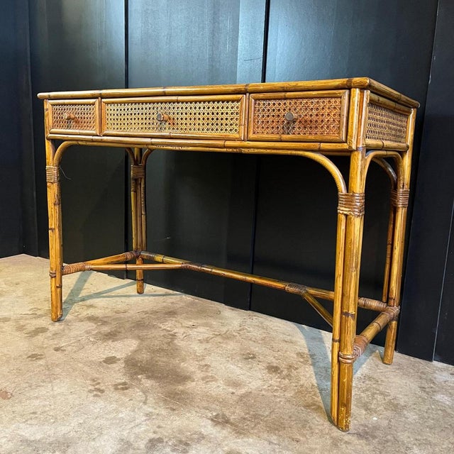 1980s Vintage Cane & Bamboo Dressing Table / Desk/ Console Table For Sale - Image 5 of 12
