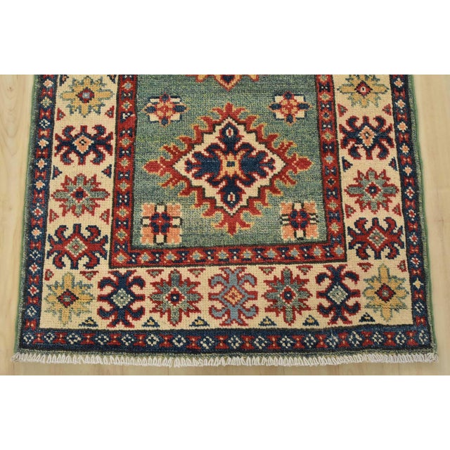 Green Kazak Runner 2’3” X 6′ Green Wool Tribal Hand-Knotted Oriental Rug For Sale - Image 8 of 11