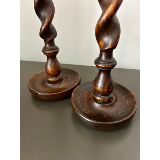 Wood Vintage Pair English Oak Barley Twist Candlesticks – Pair of Antique Wooden Candle Holders For Sale - Image 7 of 9